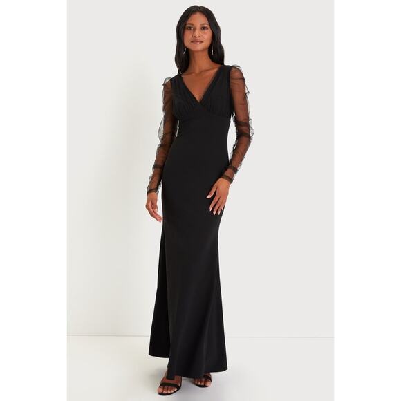 Lulus NWT Red Carpet Energy Black Tulle Long Sleeve Mermaid Maxi Dress Small - Picture 1 of 11